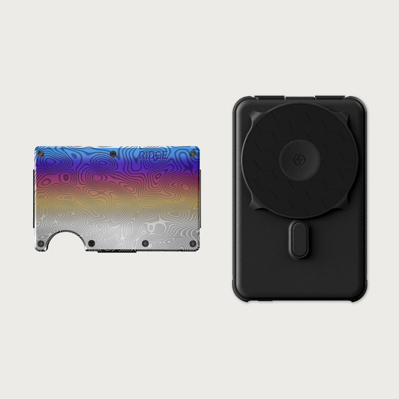 Ridge Wallet + Power Bank - Burnt Damascus + Matte Black, front view of wallet beside matte black wireless power bank.