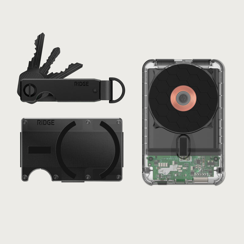 Ridge Wallet for MagSafe + Power Bank + KeyCase - Phantom: black wallet, KeyCase with keys, and clear power bank showing internal coil and circuitry.