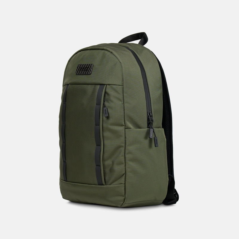 Commuter Backpack 18L in matte olive, front three-quarter view showing zippered pockets and padded straps.