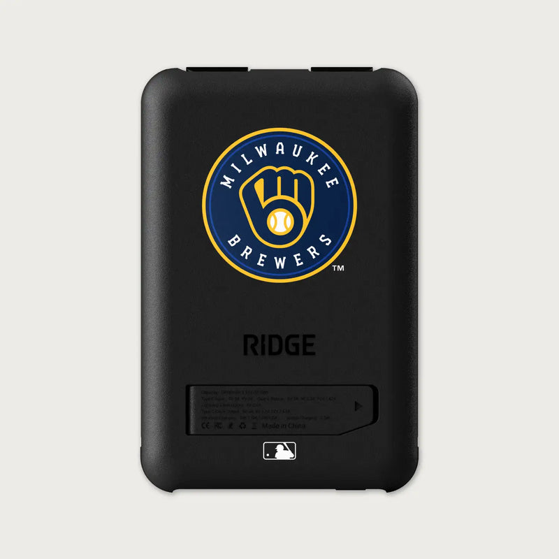 Ridge Power Bank 10k mAh in black with Milwaukee Brewers logo, back view showing Ridge name and specs label.