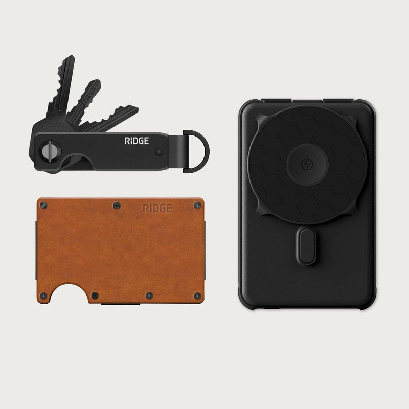 Ridge Wallet + Power Bank + KeyCase - Tobacco Brown Leather + Matte Black + Royal Black — image 1
